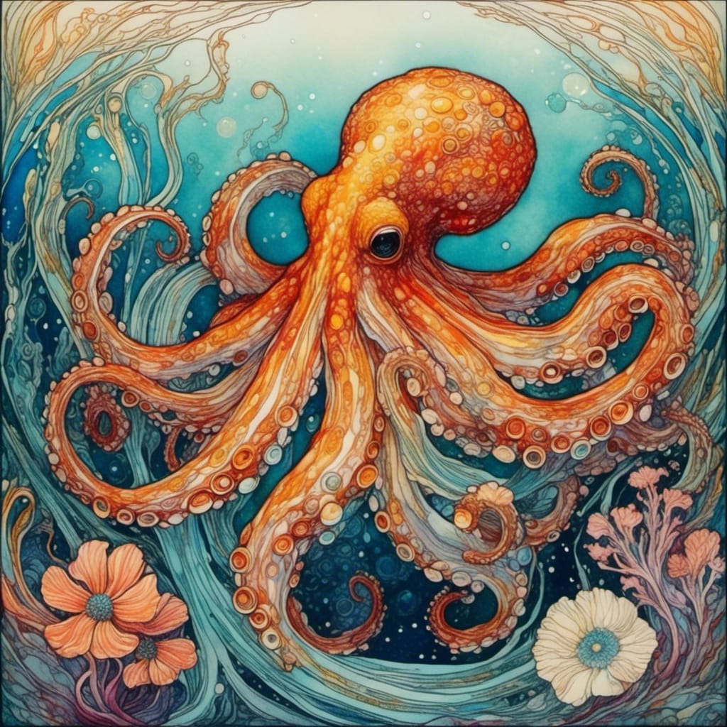 whimsical orange octopus floating in turquoise water