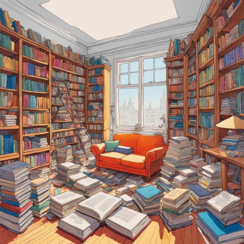 A book-shelf-lined room with books spread all over the floor.