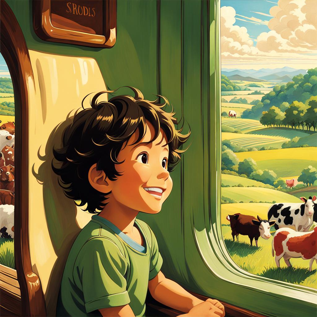 Responding to a NightCafe challenge calling for children's story illustrations. I was aiming for a boy taking his first train trip to the countryside. The images I generated for this one included some truly grotesque barnyard animals. Note the one-horned cow in the background here.